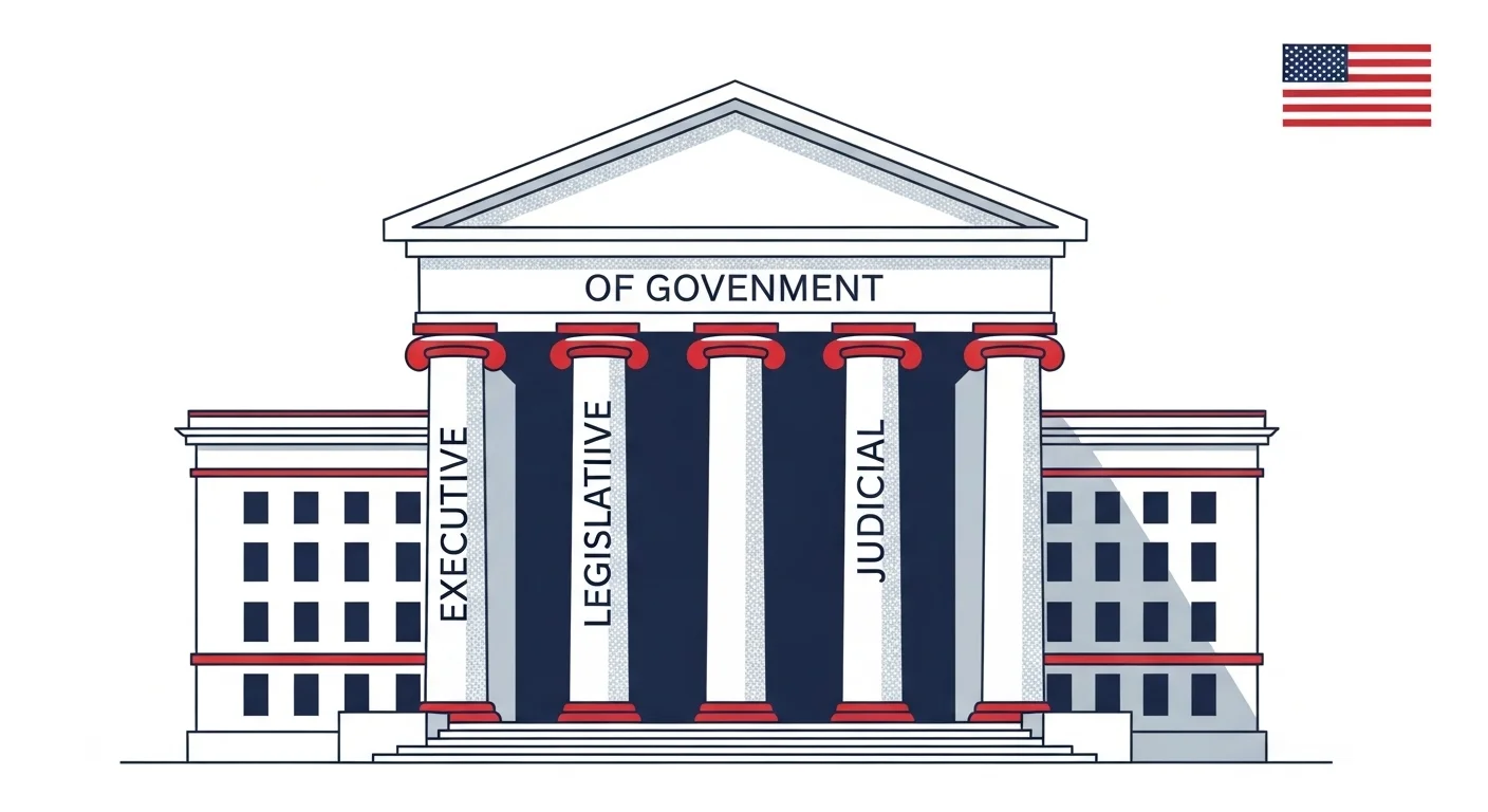 Illustration of government building with pillars labeled Executive, Legislative, and Judicial branches