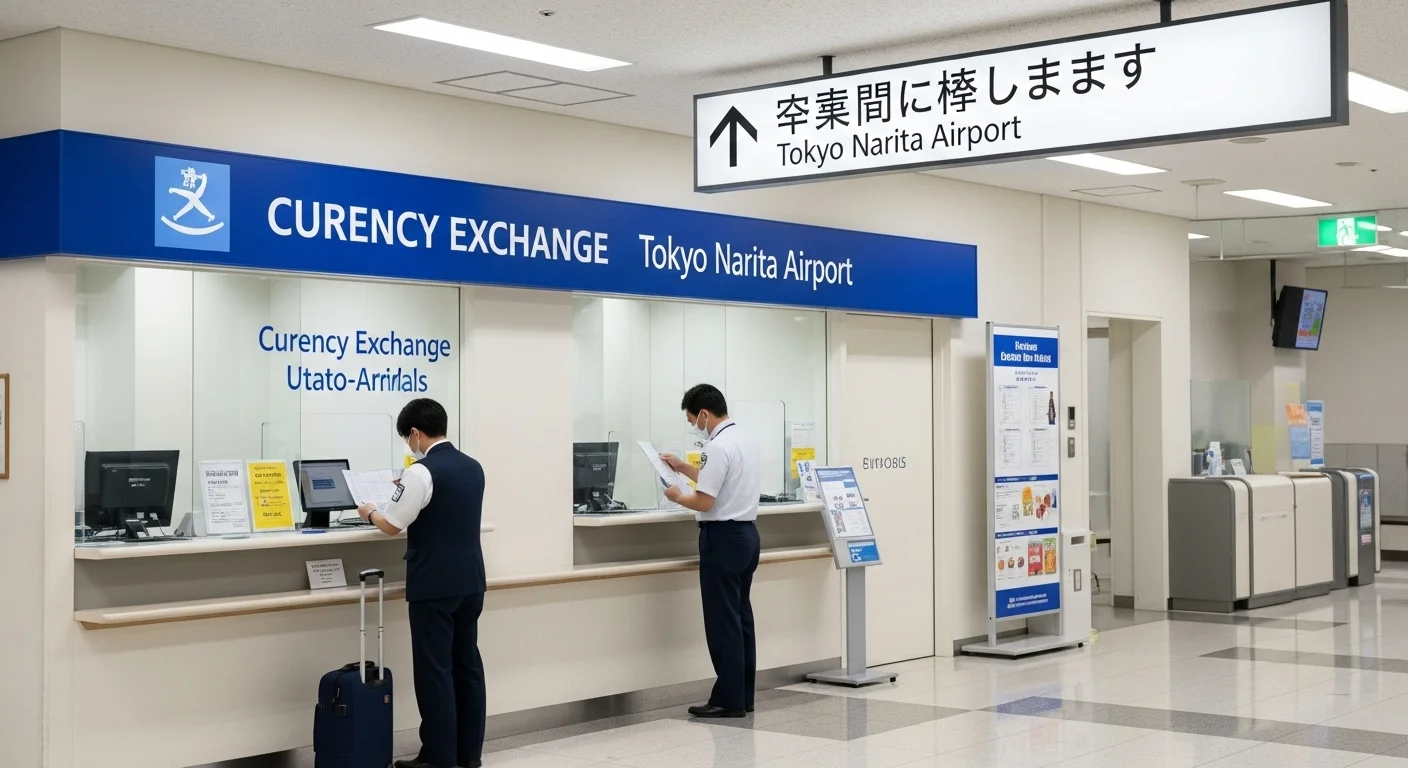 Can You Solve These 150+ Airport Riddles Before Your Flight? 14 Tokyo Narita Airport currency exchange counter with staff serving customers and bilingual Japanese-English signage