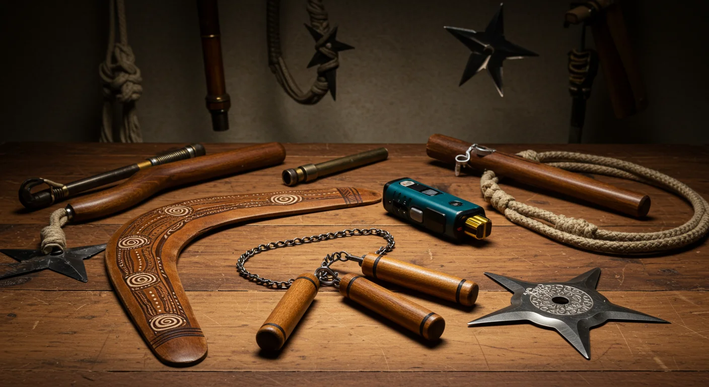 125+ Unique Weapons Riddles with Answers: Ancient to Mythical 5 Traditional martial arts weapons displayed on wooden table including boomerang, nunchaku, throwing stars, and rope dart