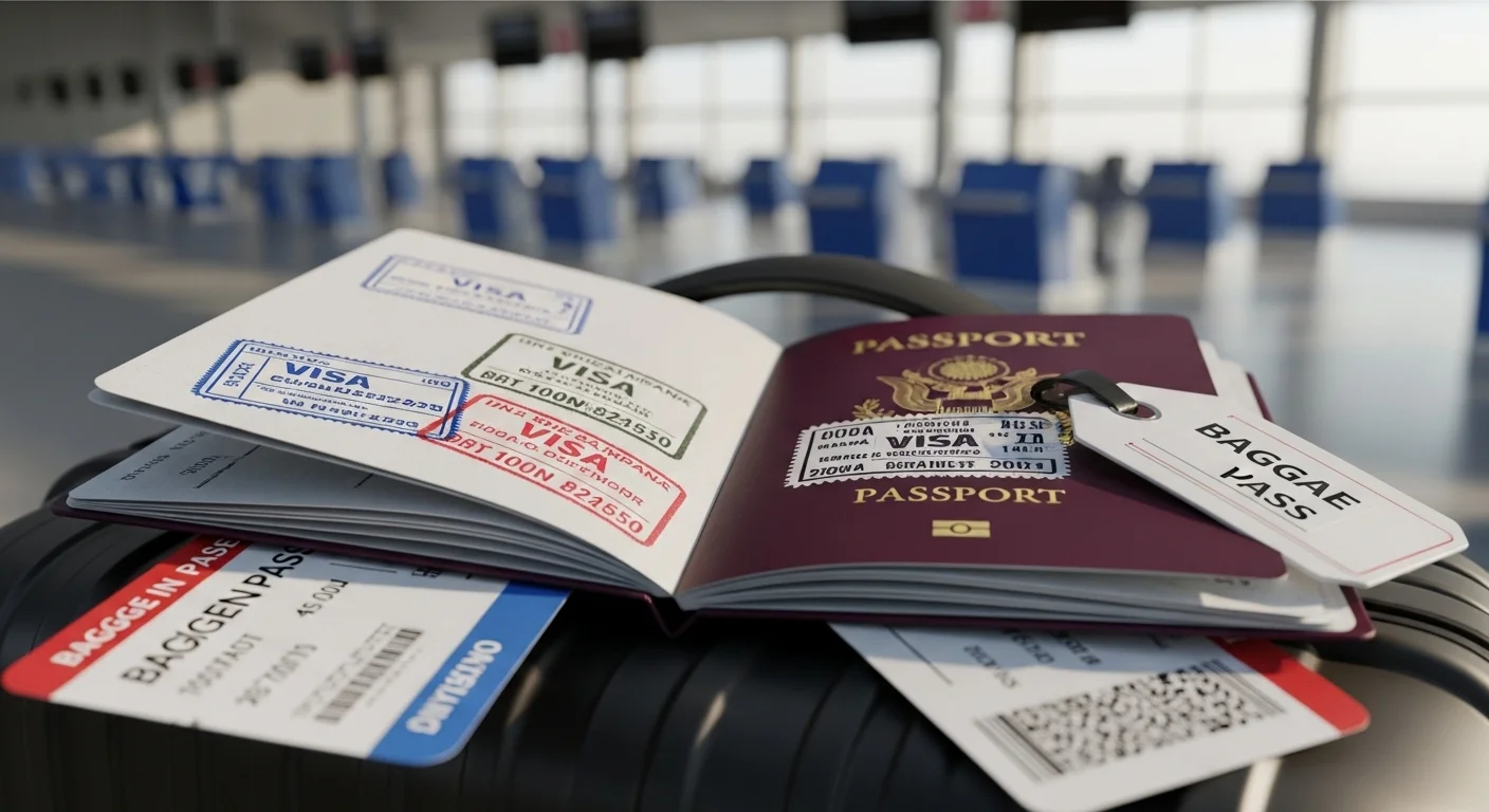 Can You Solve These 150+ Airport Riddles Before Your Flight? 3 Travel documents including passport, visa stamps, boarding pass and baggage tags at airport