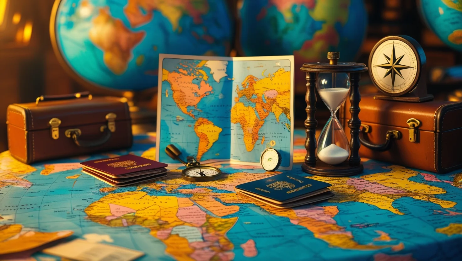125+ Mind‑Blowing Table Riddles That Will Have Everyone Guessing 11 Travel planning setup with world map, passports, compass, and vintage suitcases