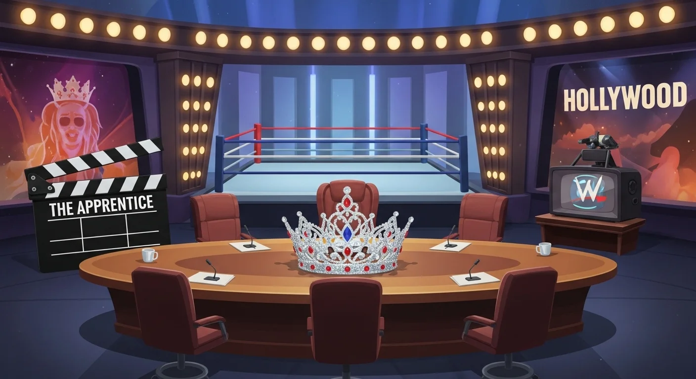 125+ Funny Donald Trump Riddles with Answers 7 Entertainment industry boardroom with crown, Apprentice clapperboard, and wrestling ring backdrop