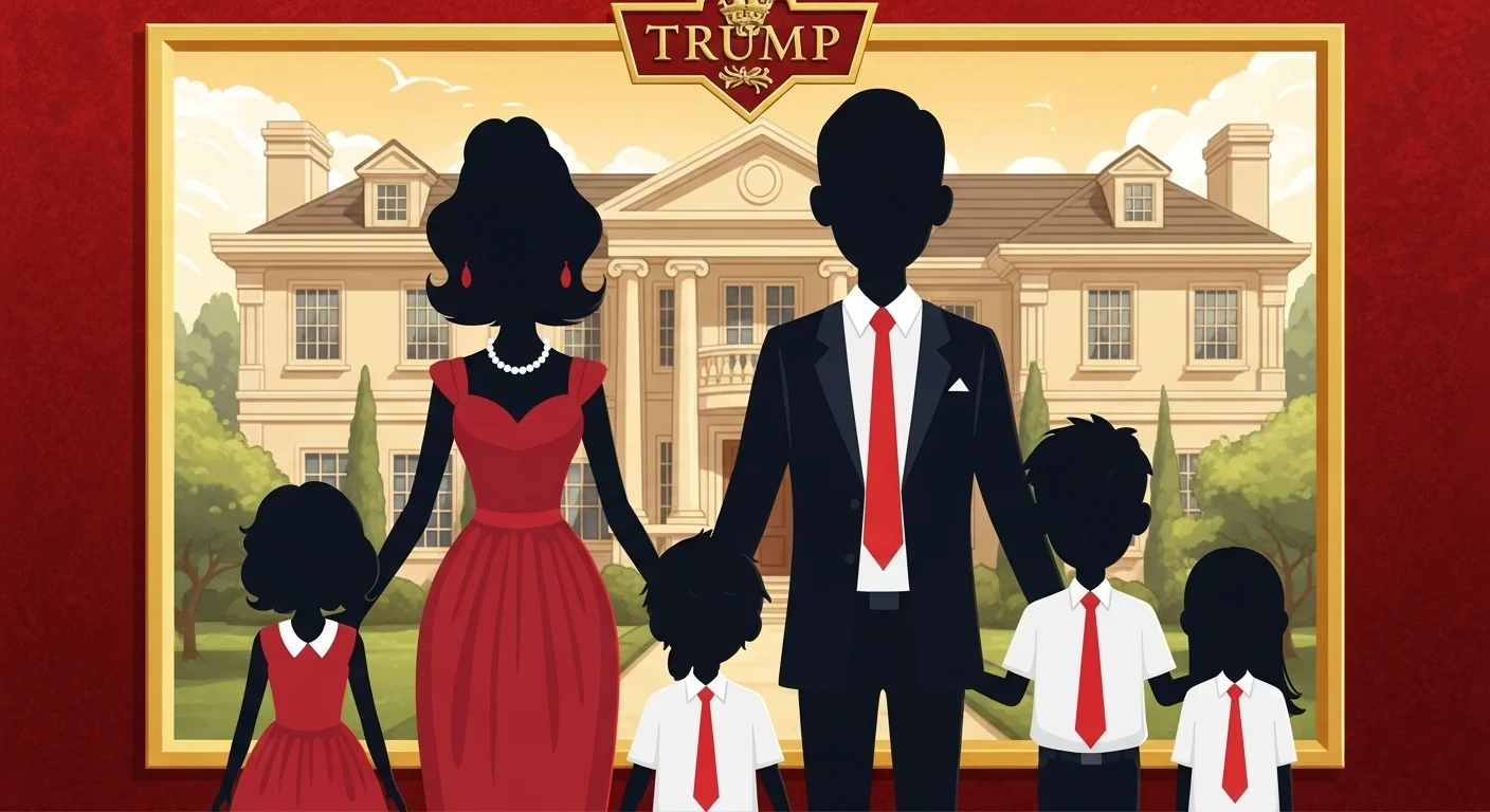 125+ Funny Donald Trump Riddles with Answers 5 Illustrated family portrait silhouettes in front of White House with Trump branding