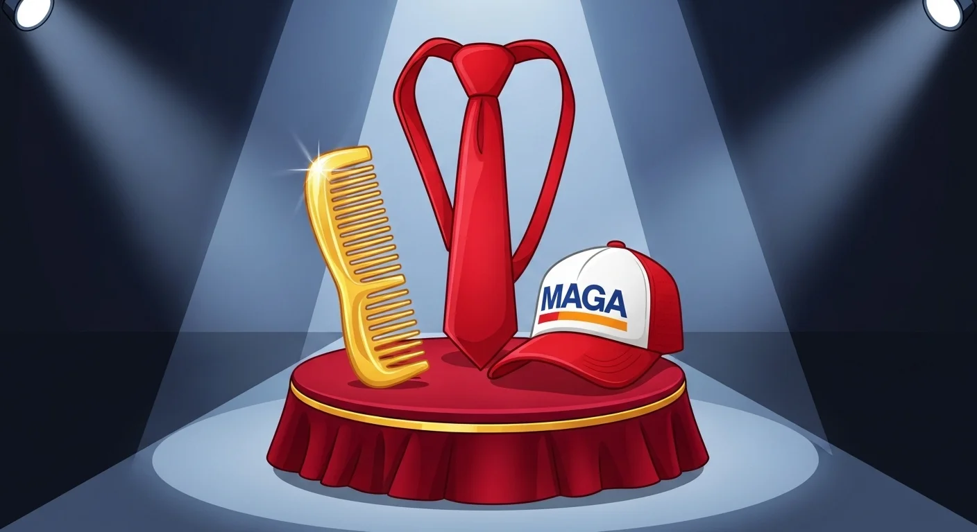 125+ Funny Donald Trump Riddles with Answers 1 Golden hair comb and red MAGA hat displayed on elegant red velvet cushion under dramatic spotlight