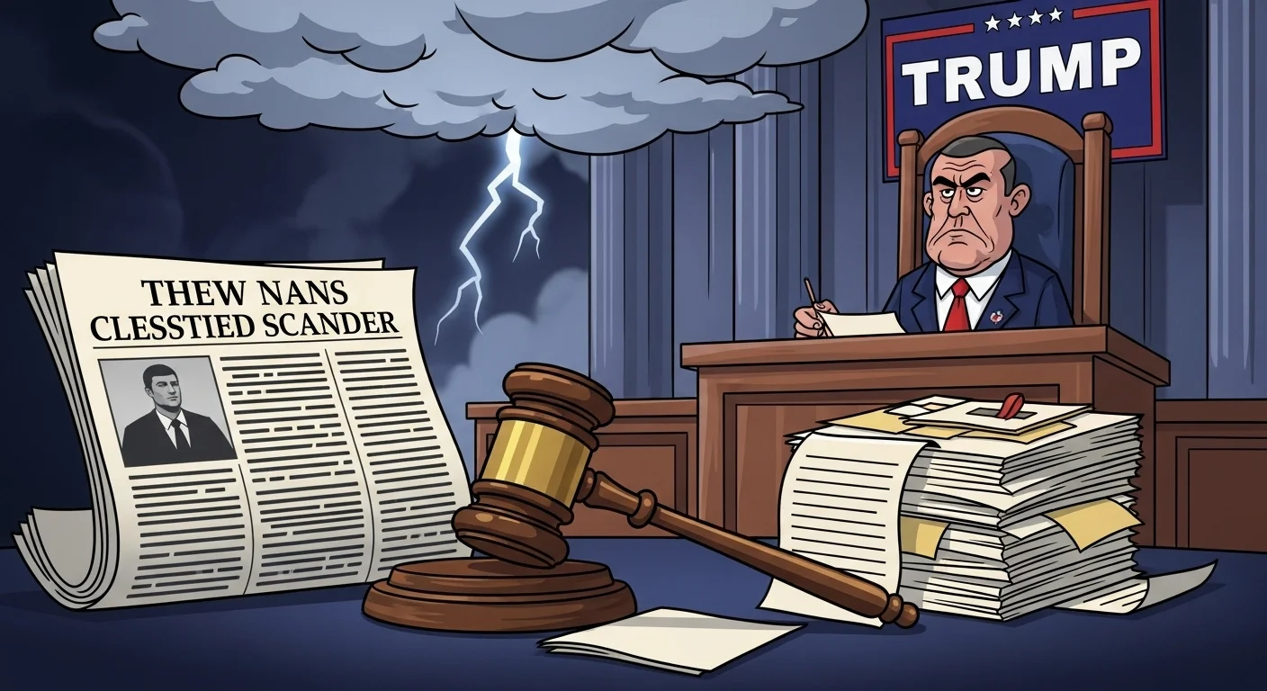 125+ Funny Donald Trump Riddles with Answers 8 Political cartoon showing figure at desk with legal documents and classified scandal newspaper headline