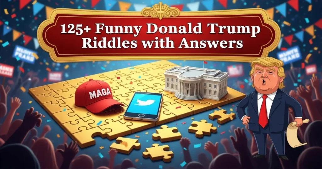 Colorful illustration showing Donald Trump character with puzzle pieces, MAGA hat, White House model, and smartphone displaying Twitter logo for riddles collection