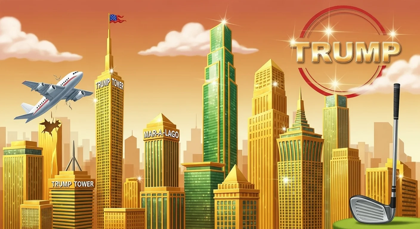 125+ Funny Donald Trump Riddles with Answers 3 Golden cityscape featuring Trump Tower and Mar-a-Lago properties with Trump airplane and golf club