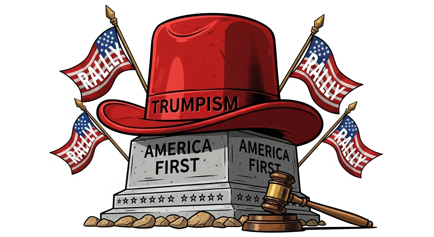 125+ Funny Donald Trump Riddles with Answers 9 Political monument illustration with red hat labeled Trumpism, America First stone tablets, and rally flags