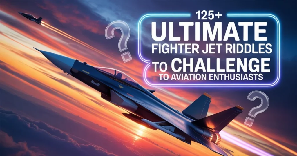 Fighter jets soaring through sunset sky with "125+ Ultimate Fighter Jet Riddles to Challenge Aviation Enthusiasts" text overlay