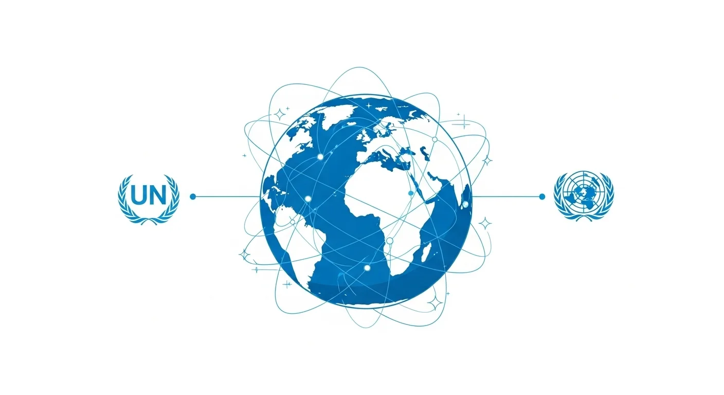 UN logo with blue globe showing interconnected network lines representing global digital connectivity and international cooperation