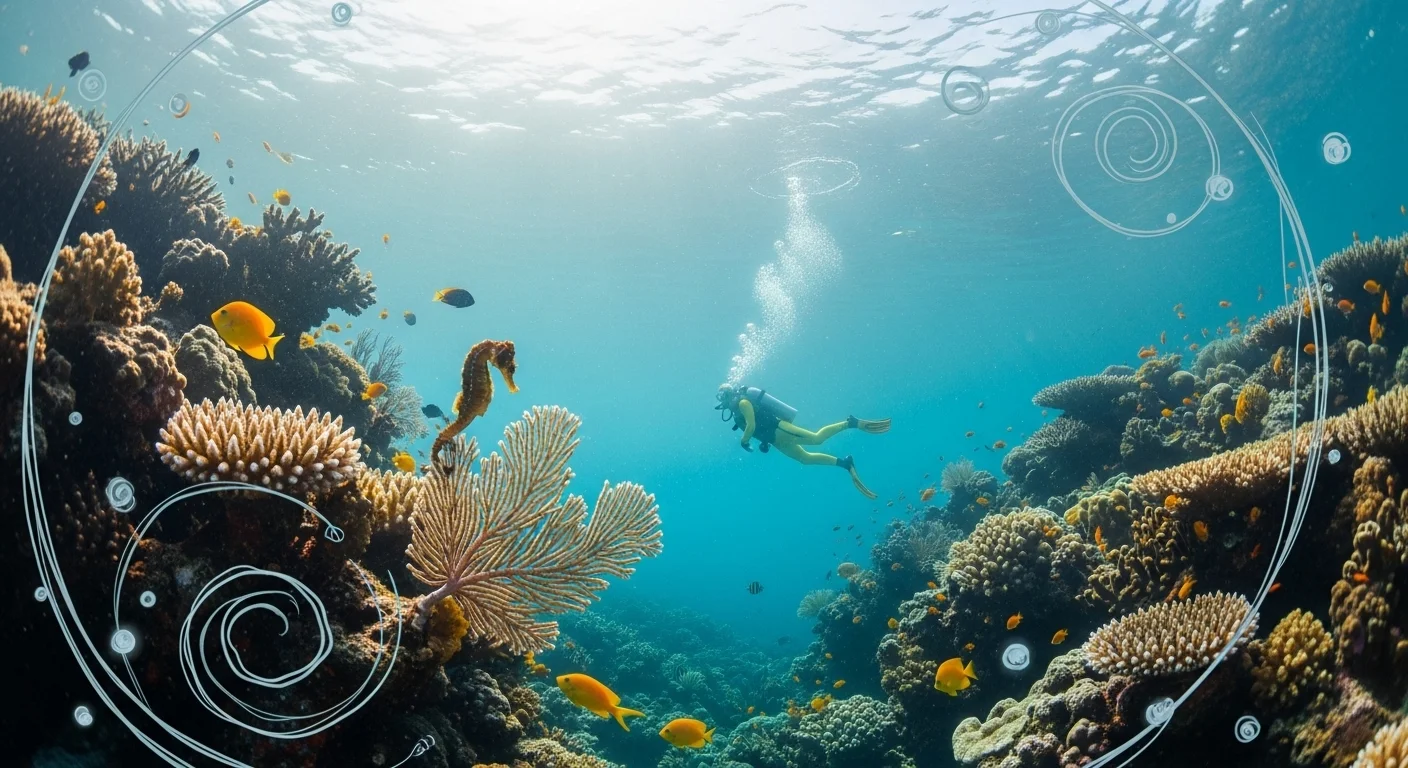 125+ Splash-Tastic Swimming Pool Riddles (Answers Inside!) 5 Scuba diver exploring vibrant coral reef with tropical fish and seahorse in crystal clear blue water