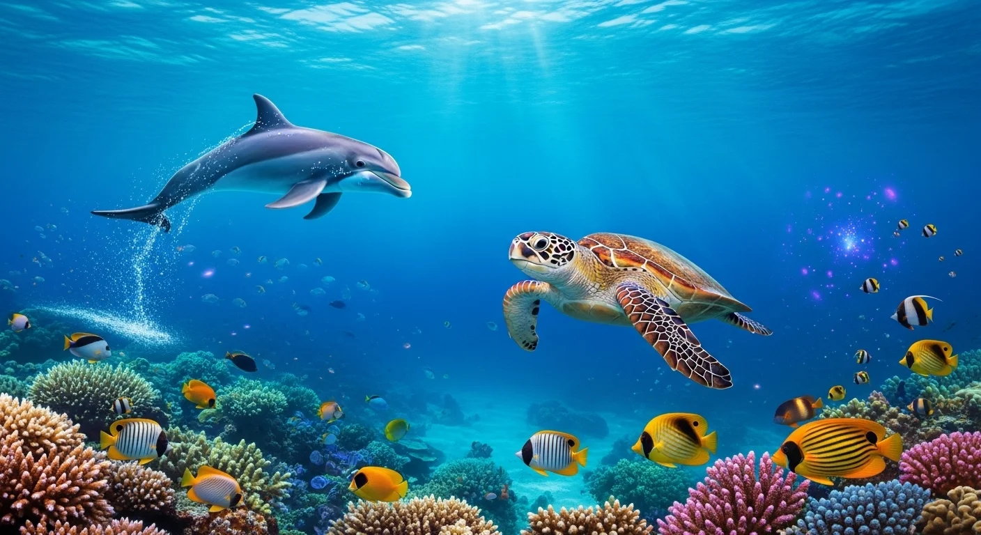 125+ Sandy Beach Riddles to Solve (Answers Included!) 4 Vibrant underwater coral reef scene with dolphin, sea turtle, and colorful tropical fish swimming