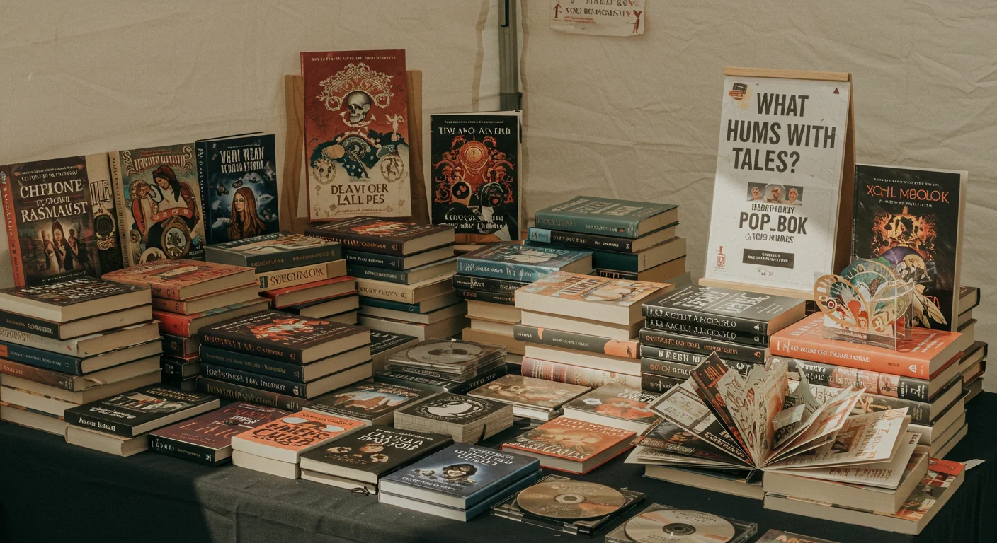 Extensive collection of used books at yard sale with sign asking "What hums with tales?"