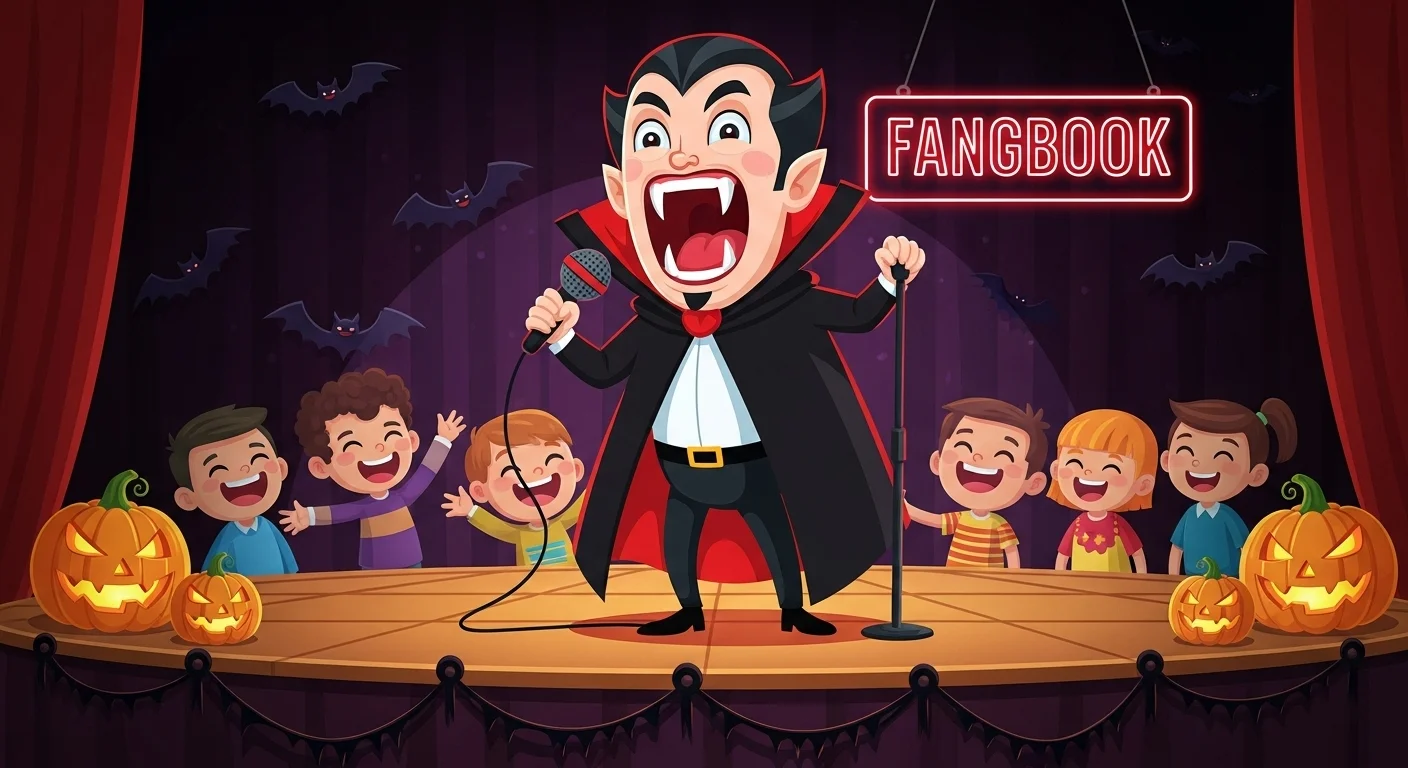Cartoon vampire comedian performing riddles on stage with microphone entertaining excited children audience with jack-o-lanterns