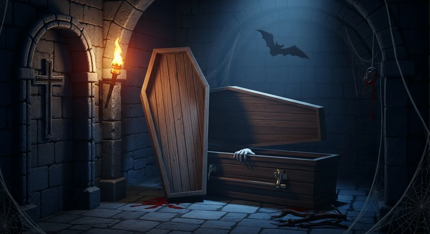 Gothic vampire crypt interior with wooden coffin, torch lighting, stone archways and mysterious bat silhouette creating spooky riddle atmosphere