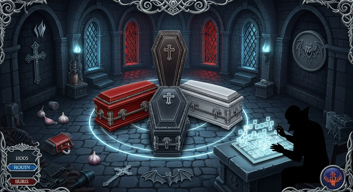 Gothic vampire crypt chamber with multiple ornate coffins, magical circle, stained glass windows, and religious symbols