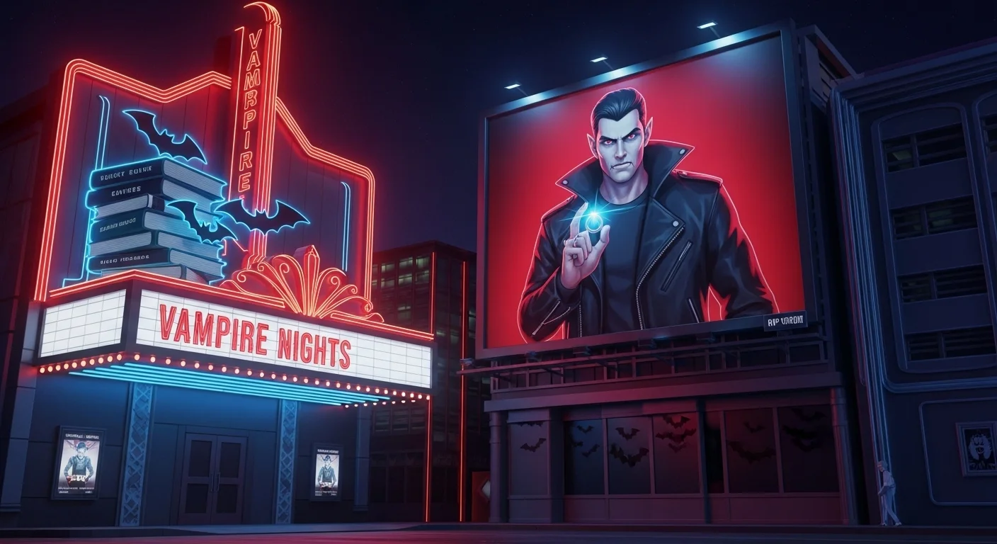 Modern vampire cinema with neon "Vampire Nights" marquee and stylish vampire character billboard in urban nighttime setting