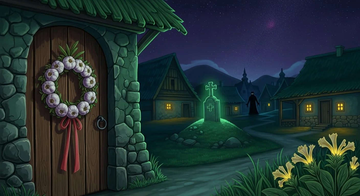 Peaceful vampire village at night with garlic wreath on cottage door, glowing cross tombstone, and mysterious cloaked figure