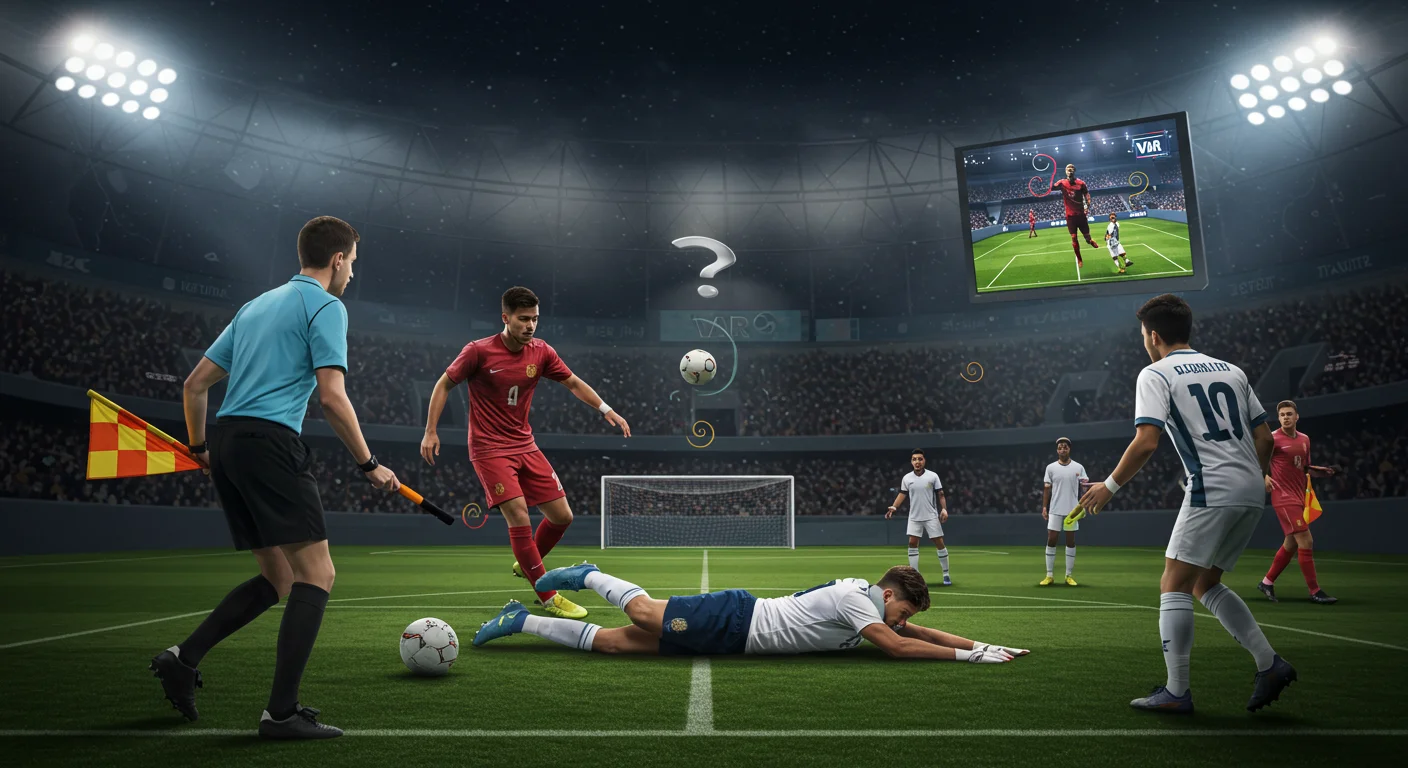 190+ Ultimate Football Riddles for Kids, Adults, and Trivia Fans 4 Soccer match showing a sliding tackle with VAR technology reviewing the play on a stadium screen