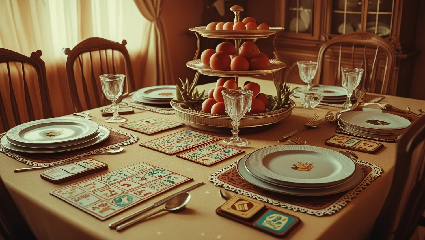125+ Mind‑Blowing Table Riddles That Will Have Everyone Guessing 8 Nostalgic dining table setup with tiered orange display, crystal glasses, and vintage bingo cards as placemats