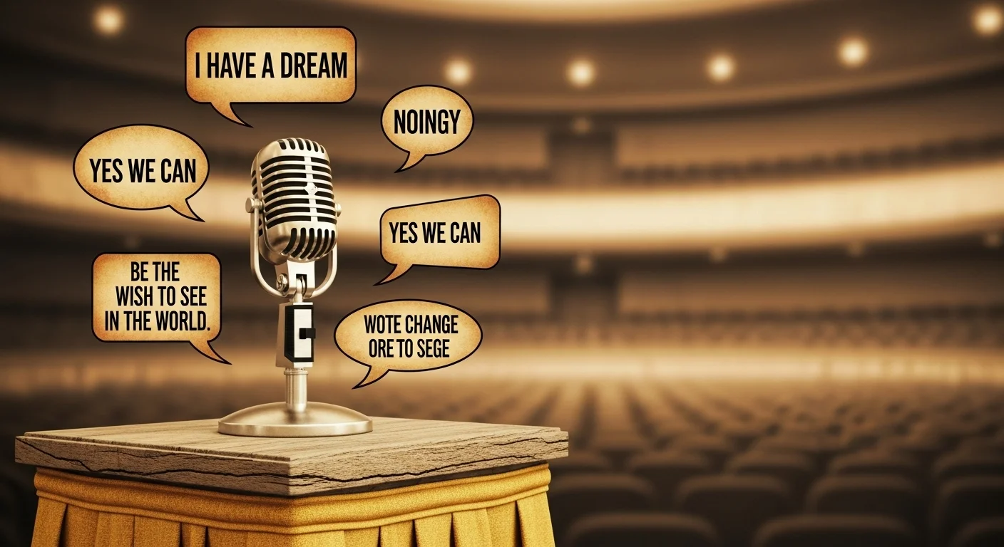 Vintage microphone with speech bubbles containing famous political quotes including I Have a Dream