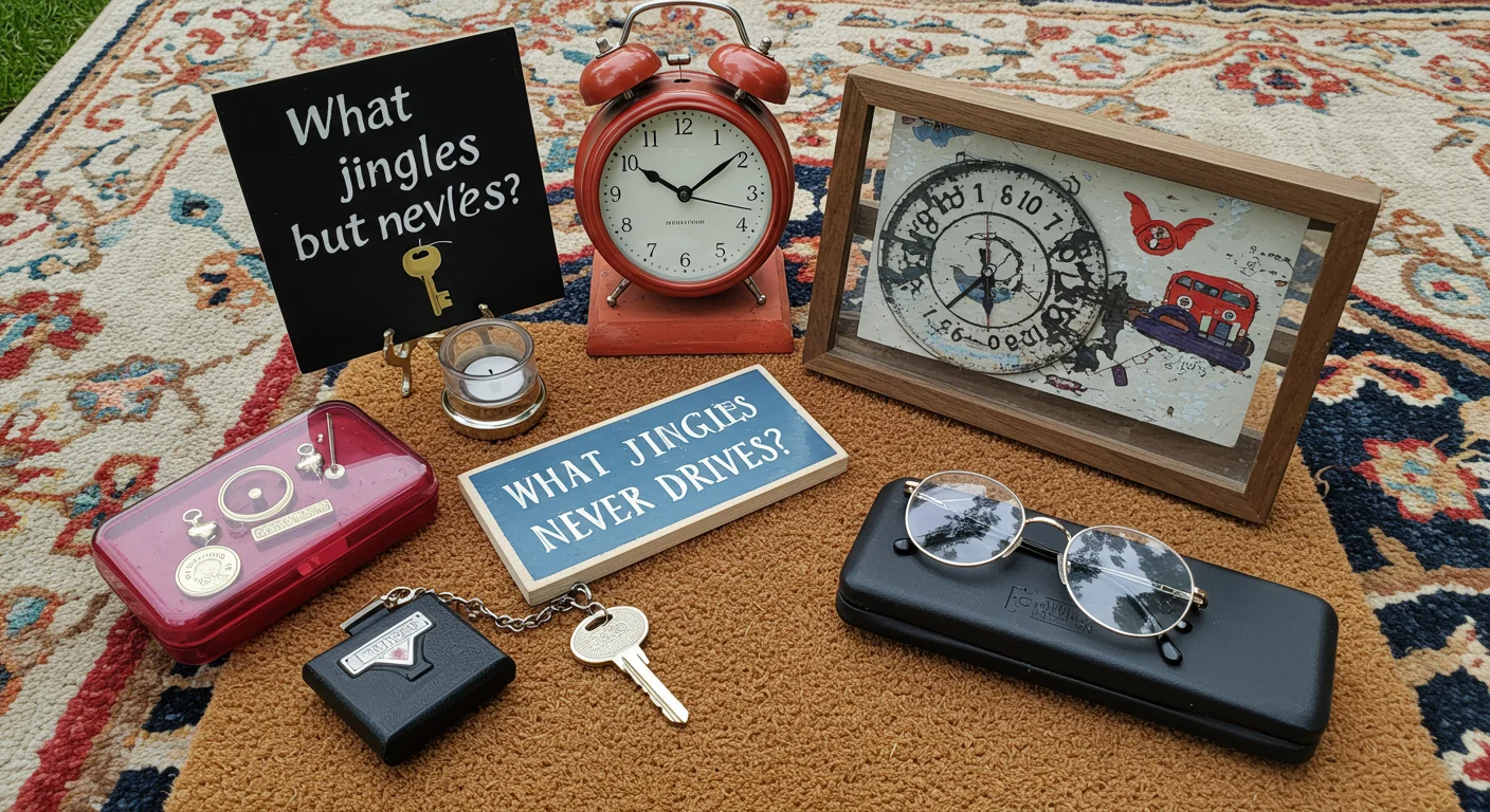 Collection of vintage items including red alarm clock, keys, glasses case and signs reading "What jingles but never drives?"