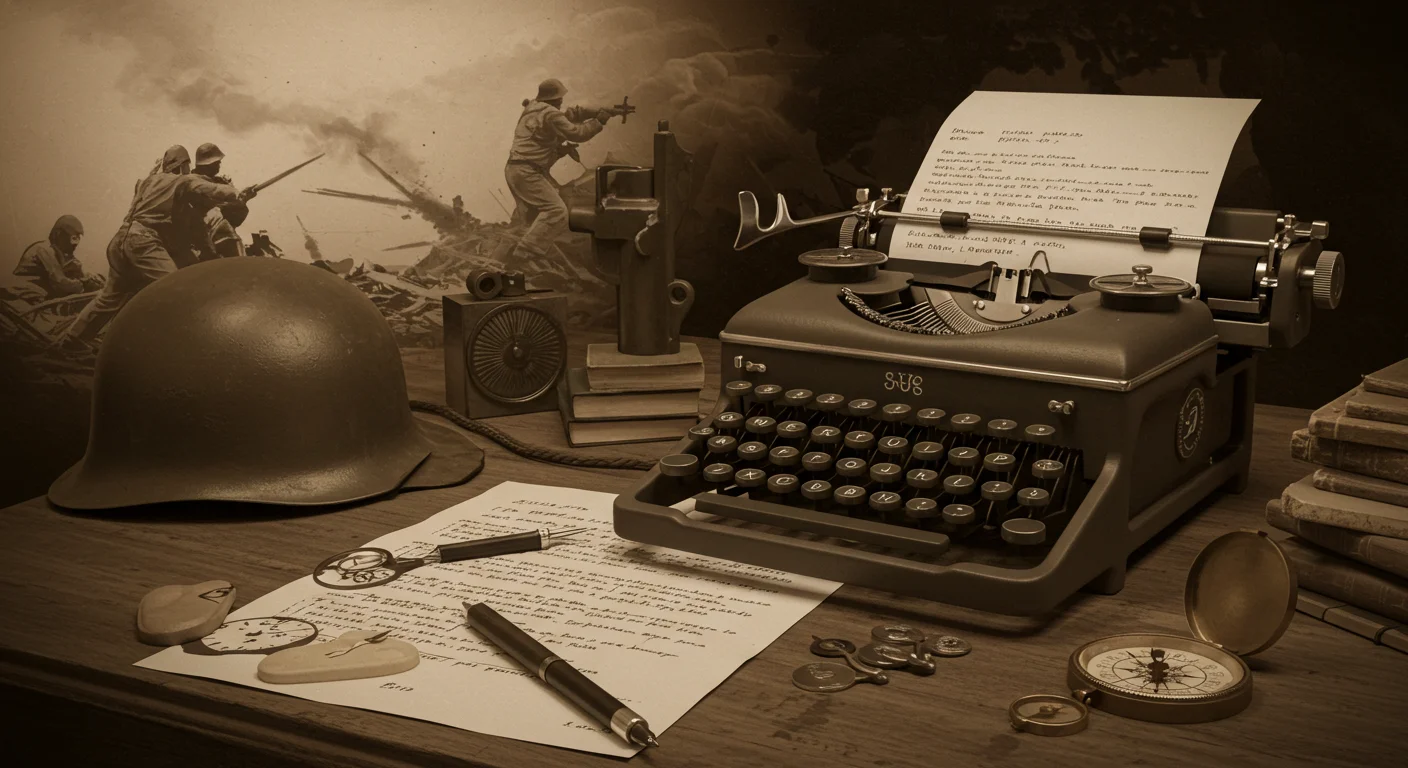 125+ Military Riddles to Outsmart Any General! Answers Included! 4 Historical war correspondent's desk with typewriter and battlefield backdrop