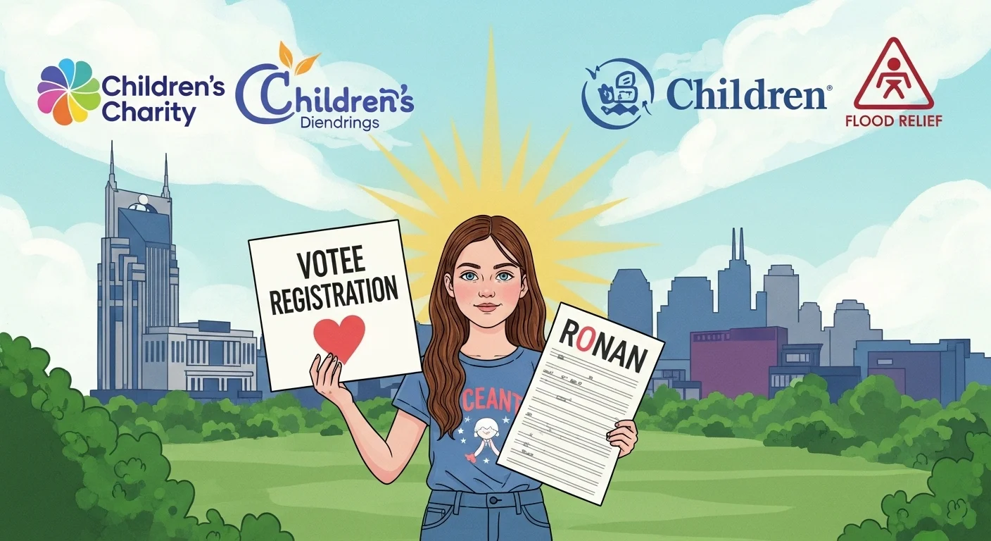 125+ Taylor Swift Riddles Only True Swifties Can Solve (Answers!) 7 Young woman holding voter registration sign and Ronan charity document with Nashville skyline and children's charity logos