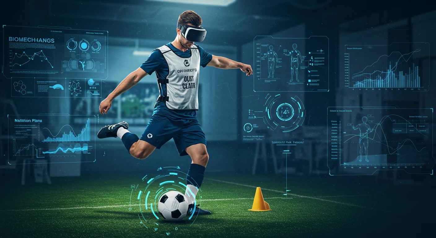 190+ Ultimate Football Riddles for Kids, Adults, and Trivia Fans 9 Soccer player wearing VR headset with performance data analytics displays surrounding him