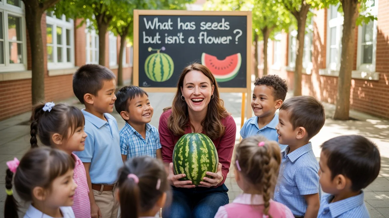 125+ Fun Watermelon Riddles to Slice Up Your Brain 5 Teacher showing watermelon to diverse group of elementary students with riddle on chalkboard