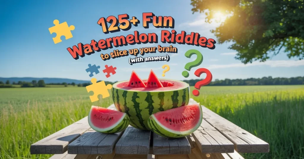 Collection of 125+ fun watermelon riddles with answers displayed on a wooden table in a sunny field