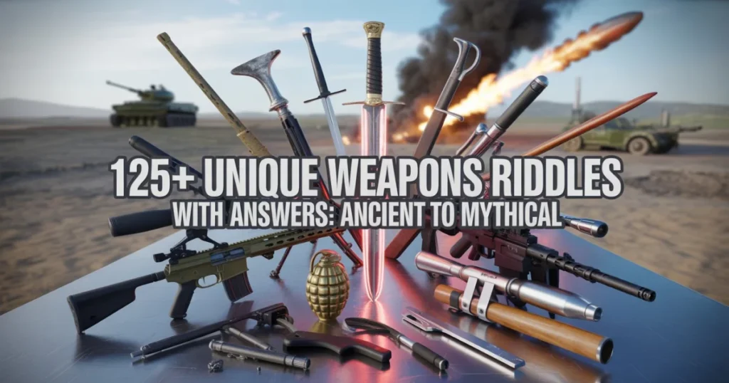 Various weapons riddles from ancient to modern times including swords, guns, and explosive weapons with text overlay "125+ Unique Weapons Riddles with Answers: Ancient to Mythical"