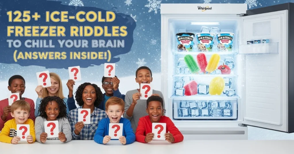 Group of diverse children and adults holding question mark cards in front of Whirlpool freezer filled with ice cream and frozen treats for riddle game