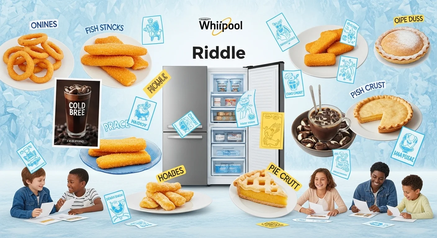 125+ Ice-Cold Freezer Riddles to Chill Your Brain (with Answers!) 8 Diverse family solving food freezer riddles around Whirlpool freezer with labeled frozen foods including onion rings, fish sticks, hoagies, and pies