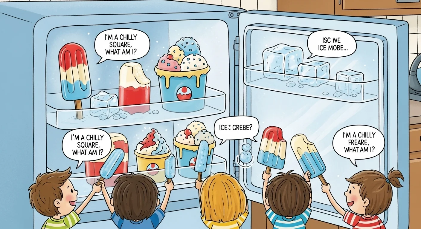 125+ Ice-Cold Freezer Riddles to Chill Your Brain (with Answers!) 1 Comic illustration of animated ice cream treats and popsicles asking riddles inside open Whirlpool freezer with children looking on