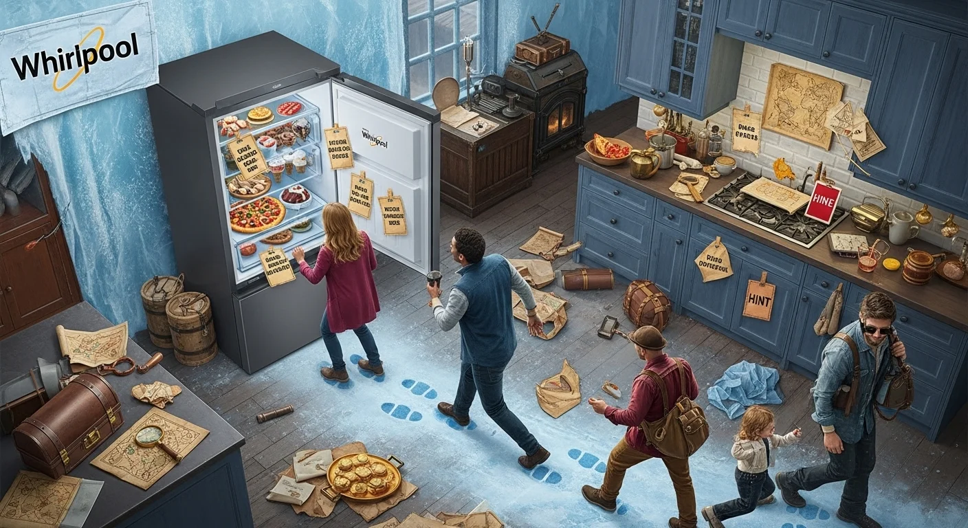 125+ Ice-Cold Freezer Riddles to Chill Your Brain (with Answers!) 4 Adventure-themed kitchen scene with family following blue footprint trail to Whirlpool freezer during treasure hunt riddle game