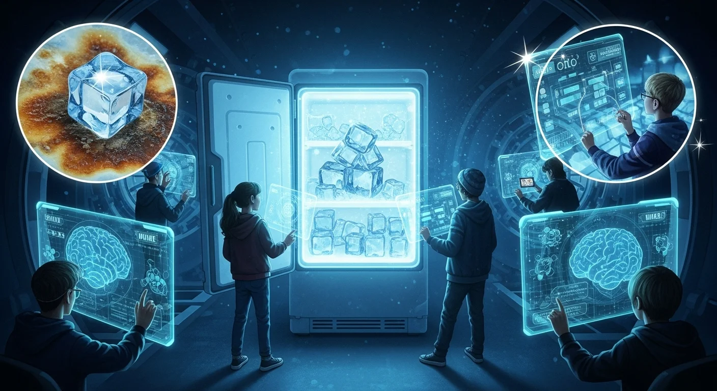 125+ Ice-Cold Freezer Riddles to Chill Your Brain (with Answers!) 3 Futuristic scene with people using holographic displays and advanced technology around glowing Whirlpool freezer for riddle solving