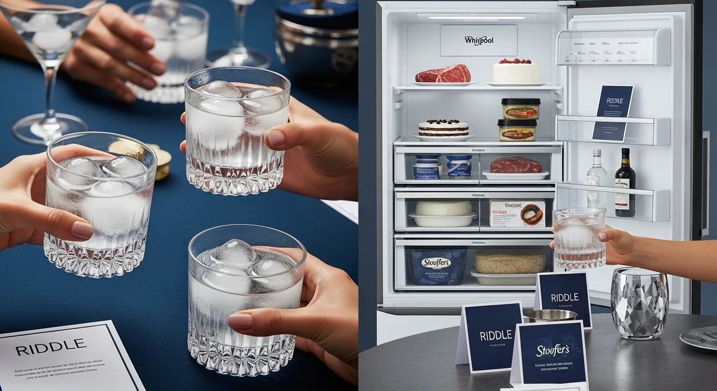 125+ Ice-Cold Freezer Riddles to Chill Your Brain (with Answers!) 2 Hands holding crystal glasses with ice next to open Whirlpool freezer displaying organized food storage and riddle cards