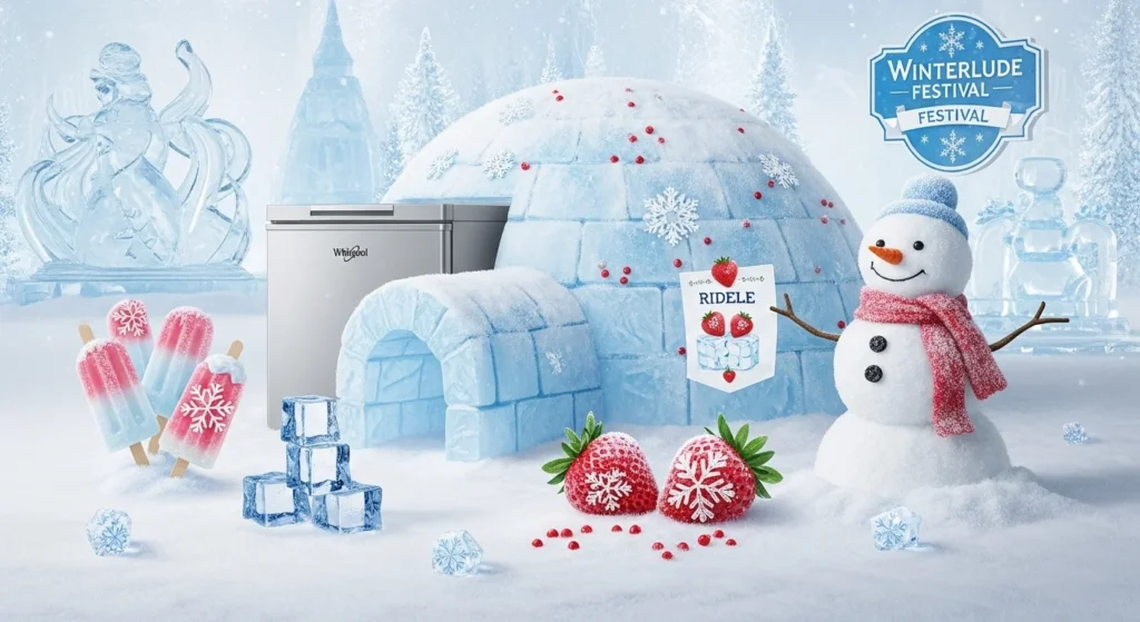 125+ Ice-Cold Freezer Riddles to Chill Your Brain (with Answers!) 6 Winter festival scene with Whirlpool freezer, ice igloo, snowman, frozen strawberries, and popsicles for Winterlude Festival riddle campaign