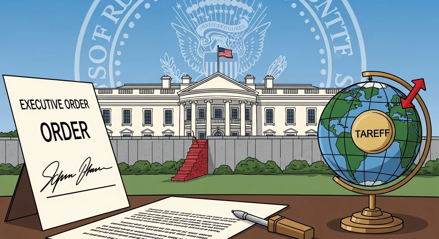 125+ Funny Donald Trump Riddles with Answers 4 White House with executive order document, globe showing tariff arrow, and presidential seal in background