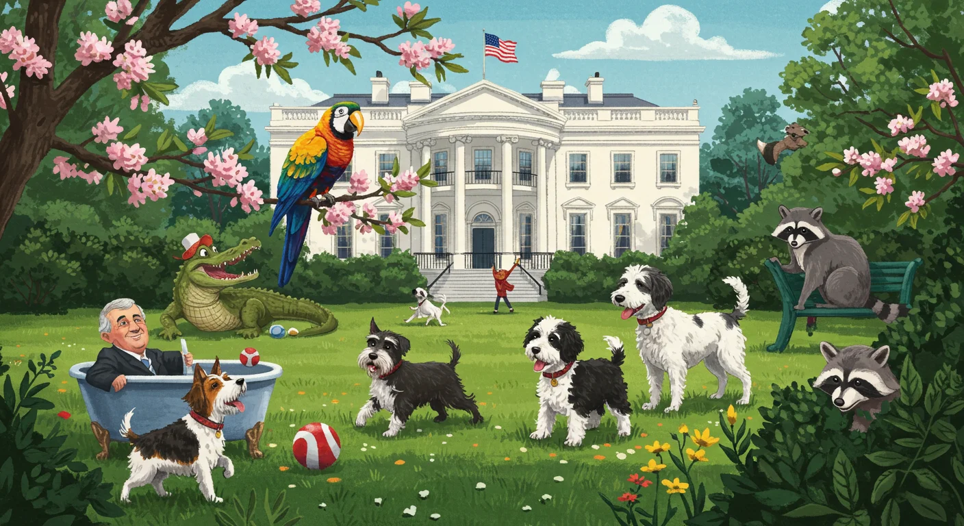 125+ Presidential Riddles & Answers to Test Your History Smarts 6 Whimsical White House South Lawn scene with presidential pets including dogs, parrot, alligator, and raccoons