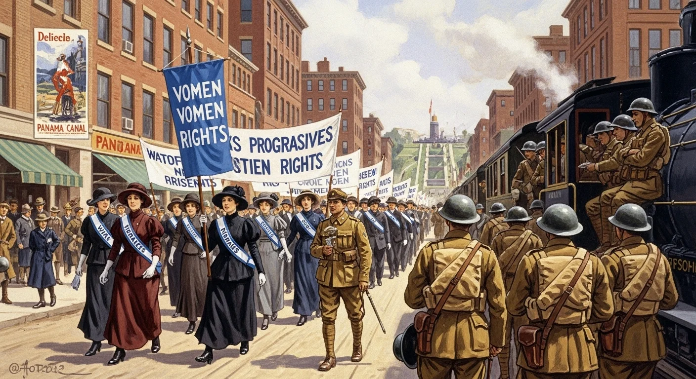 125+ American History Riddles: Test Your American Knowledge 7 Women's suffrage march with protesters carrying voting rights banners while soldiers watch in early 1900s America