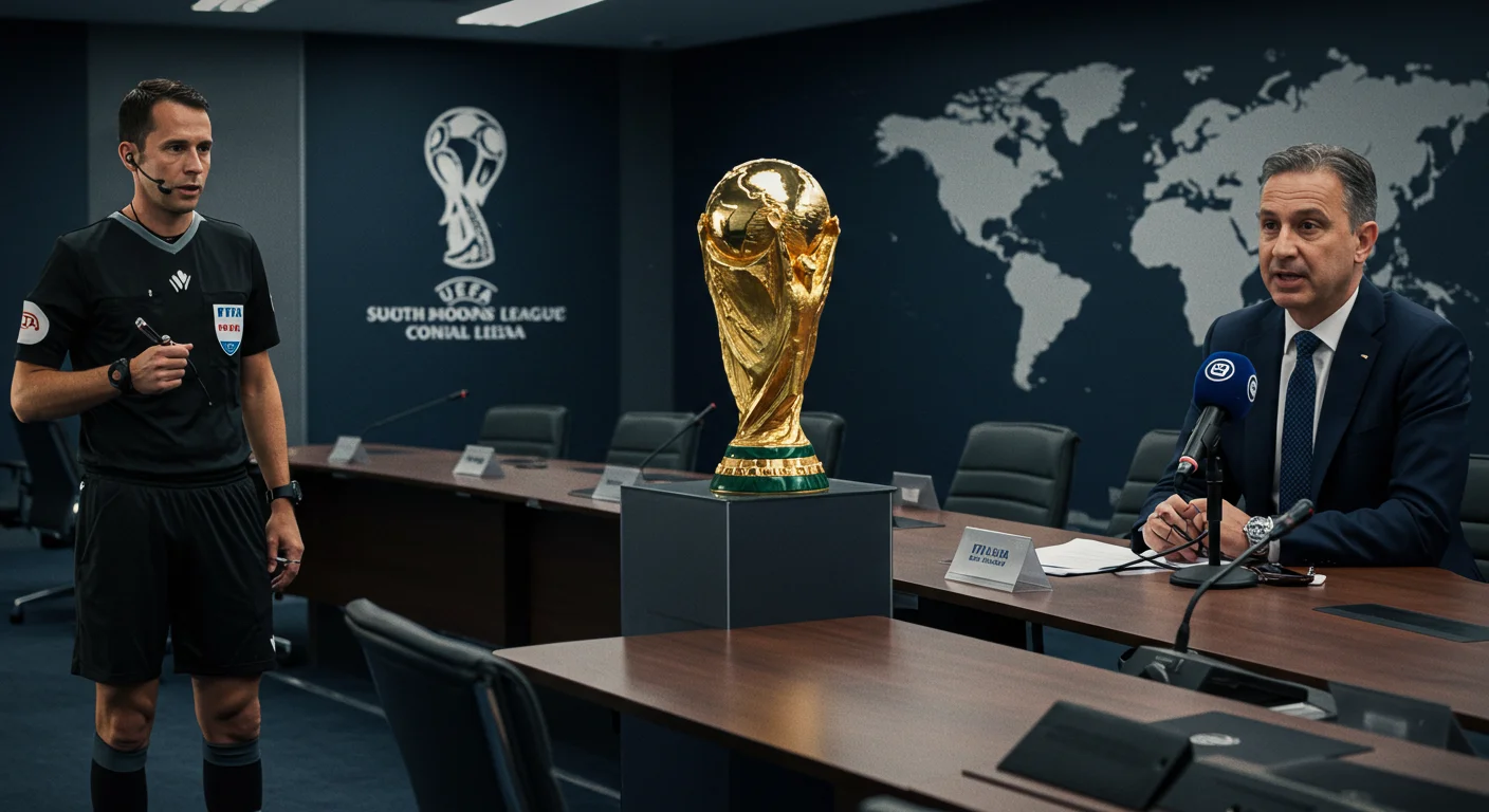 190+ Ultimate Football Riddles for Kids, Adults, and Trivia Fans 7 FIFA World Cup trophy on display with referee and official at press conference