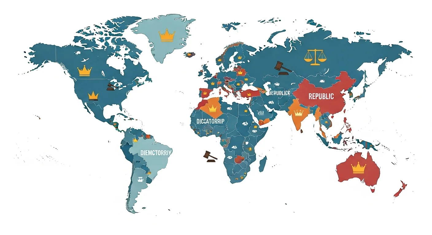 World map showing different government types with color coding - republics, democracies, dictatorships, and monarchies across global regions