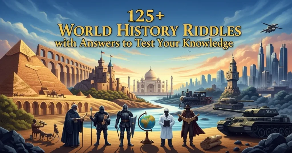 World history riddles book cover featuring ancient pyramids, medieval castles, modern cities, and historical figures from different time periods