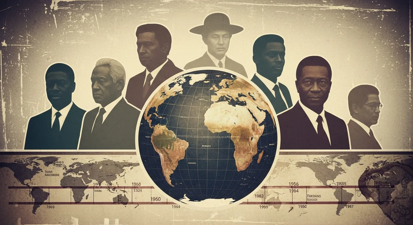 Silhouettes of historical world leaders surrounding Earth globe with timeline showing key dates from 1900s-1980s