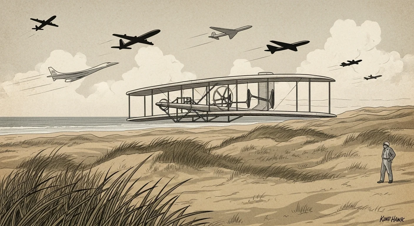125+ Pilot Riddles with Answers: Soar Through Aviation Brain Teasers 3 Historical illustration showing Wright Flyer aircraft at first flight with modern jets in background representing aviation evolution