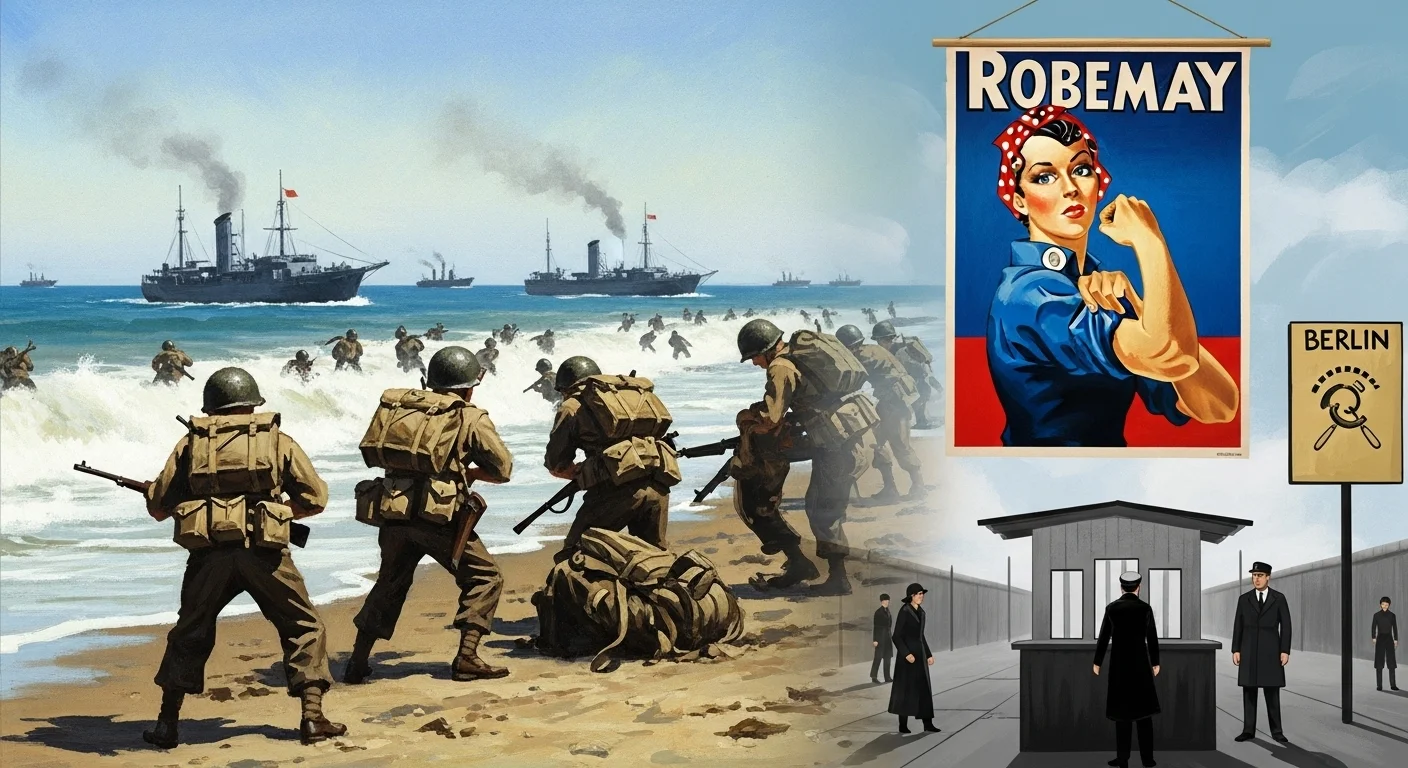125+ American History Riddles: Test Your American Knowledge 9 World War II D-Day Normandy beach landing with soldiers storming ashore, Rosie the Riveter propaganda poster, and Checkpoint Charlie Berlin border crossing