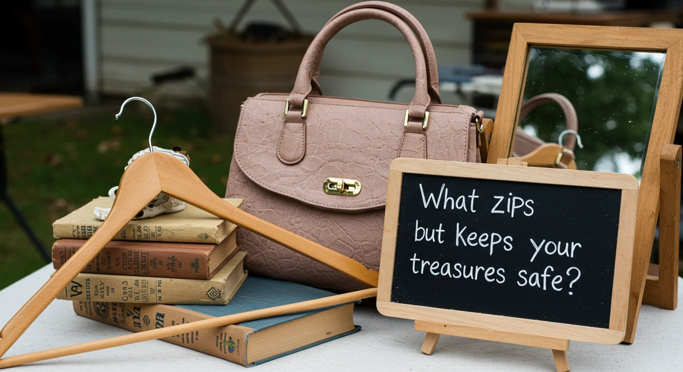 Yard sale display with vintage books, pink handbag, and chalkboard riddle asking "What zips but keeps your treasures safe?"