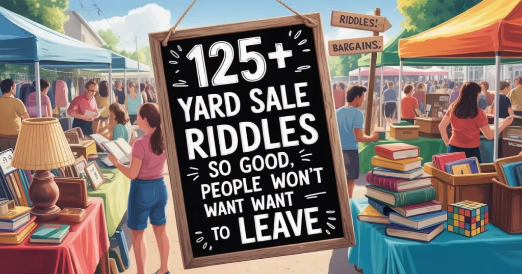 Colorful illustration of a community yard sale with a large sign advertising "125+ Yard Sale Riddles" surrounded by tables of books and merchandise